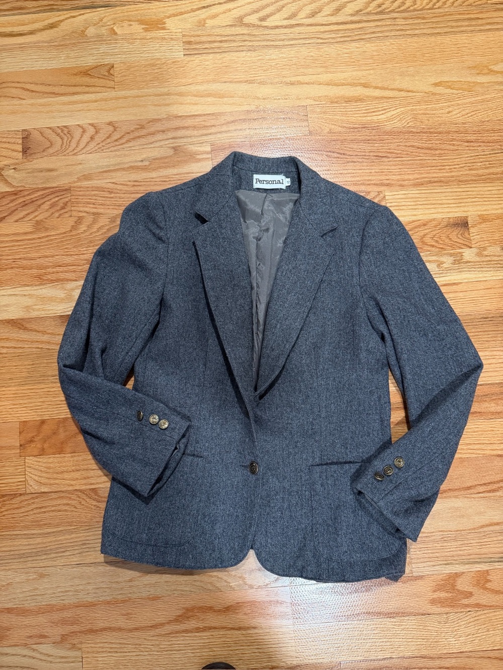 Personal Charcoal Gray Wool-Like Heritage Blazer Brass Buttons Size 10